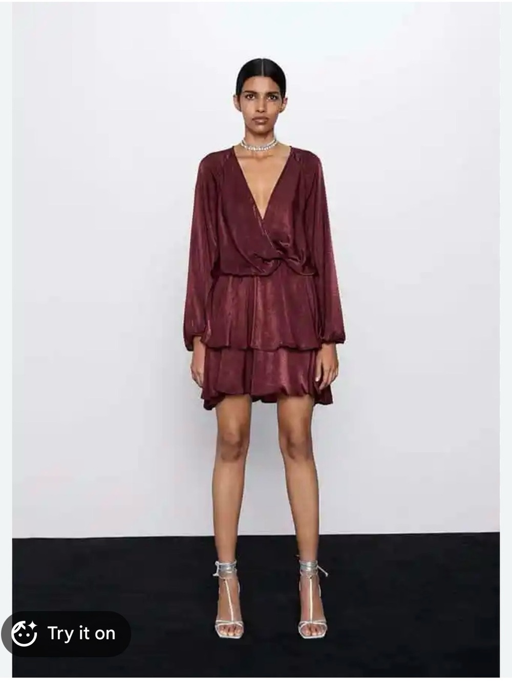 Women's Zara Deep V Tiered Long-Sleeve Dress in Burgundy